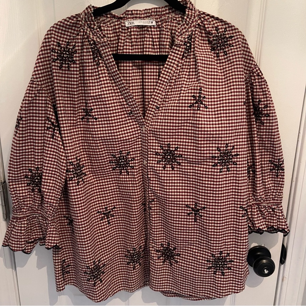Zara Red and Black Checkered Blouse